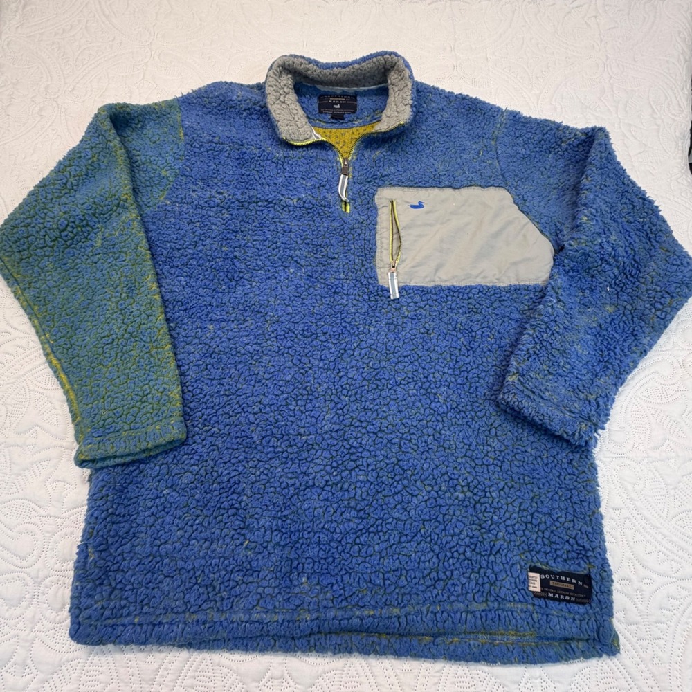 Southern Marsh Blue Sherpa Fleece Quarter Zip Pullover Mens Large Mallard Logo